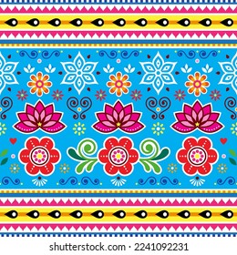 Pakistani and Indian seamless vector pattern with lotus flowers, jingle truck art design in blue, red, pink and yellow. Unique repetitive Diwali background inspired by traditional lorry art