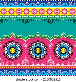 Pakistani and Indian template vector greeting card or seamless pattern with  flowers and blank space for text, Diwali vibrant decoration. Unique repetitive background in purple, pink and green 