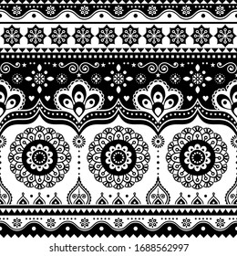 Pakistani or Indian truck art design, Jingle trucks seamless vector pattern, black and white floral repetitive decoration
