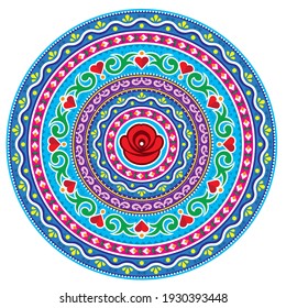 Pakistani or Indian truck art inspired vector mandala design, Diwali round art with flowers, leaves and hearts. Vibrant repetitive pattern in cirlce inspired by traditional lorry and rickshaw art