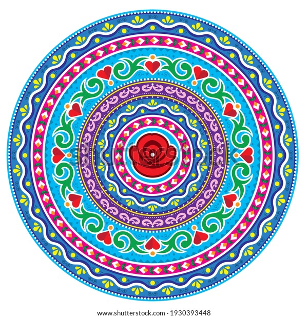 Pakistani or Indian truck art inspired vector mandala\
design, Diwali round art with flowers, leaves and hearts. Vibrant\
repetitive pattern in cirlce inspired by traditional lorry and\
rickshaw art