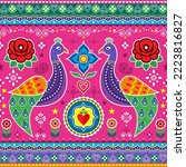 Pakistani and Indian truck art seamless vector design with two peacocks, hearts and roses, decorative bird floral vibrant pattern. 
Colorful floral textile or fabric print background 