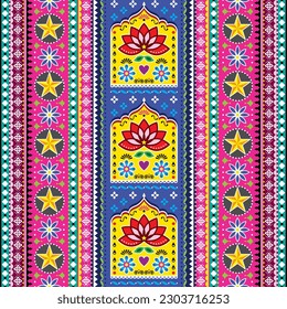 	
Pakistani or Indian truck art seamless vector vertical pattern with lotus flowers and leaves, background inspired by jingle trucks. Long retro textile or wallpaper  background, colorful decoration 