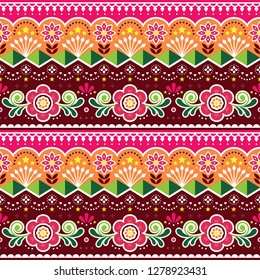 Pakistani or Indian truck art vector seamless pattern, Indian truck floral design with flowers, leaves and abstract shapes. Colorful repetitive background inspired by traditional lorry and pattern