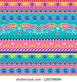 Pakistani or Indian truck art vector seamless pattern, decorative truck floral design with flowers, fish and abstract shapes. Pink and turquoise repetitive background inspired by traditional lorry