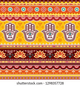 	
Pakistani or Indian truck art vector seamless pattern with Hamsa hands, decorative truck floral design with flowers and abstract shapes. Yellow, red and brown repetitive background with evil eye 