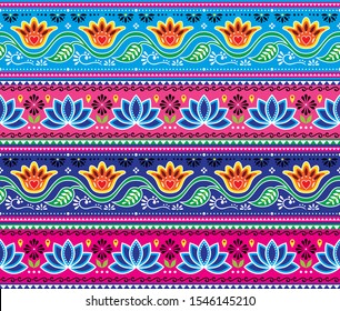 Pakistani or Indian truck art vector seamless pattern, floral cheerful design, Diwali repetitive decorations. Colorful repetitive background inspired by traditional lorry and rickshaw art with flowers