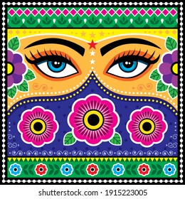 Patrón vectorial de arte de camiones paquistaní o indio, con ojos femeninos, flores, hojas y formas abstractas. Colorido diseño repetitivo feliz con la cara de la mujer inspirada en el arte tradicional de los camiones y los rickshaw