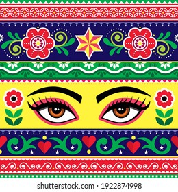 Pakistani or Indian truck art vector seamless pattern with female eyes and flowers - textile or fabric print design. Vibrant repetitive design with woman's face inspired by traditional lorry art