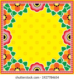 Pakistani or Indian truck art vector floral greeting card or inviation design pattern with no text - template background. Retro vibrant floral decoration inspired by traditional lorry and rickshaw art