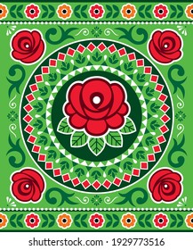 Pakistani and Indian truck art vector seamless pattern or posterdesign with roses, floral motif mandala, Diwali vibrant pattern. Colorful floral wallapper background inspired by traditional lorry art