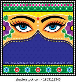 	
Pakistani or Indian truck art vector pattern, with female eyes and flowers - template with blank space for text. Colorful happy repetitive design with woman's face inspired by traditional lorry art