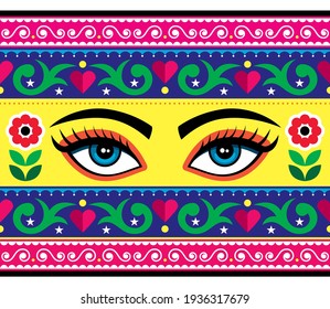 Pakistani or Indian truck art vector seamless pattern with female eyes and flowers - long vertical design. Vibrant repetitive design with woman's face inspired by traditional lorry art.  
