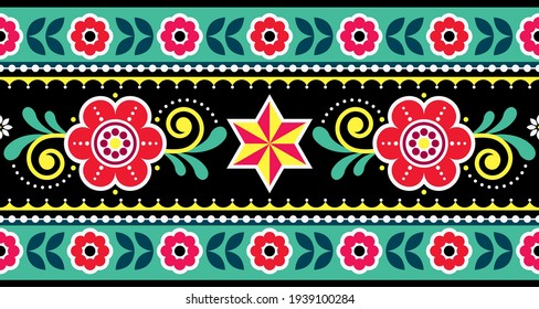 Pakistani or Indian truck art vector seamless pattern with star and flowers - long vertical design. Vibrant repetitive design inspired by traditional lorry and rickshaw painted decorations.