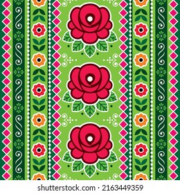 Pakistani and Indian truck art vector seamless vertical pattern with roses and floral motif, Diwali vibrant design. Green and red wallpaper or fabric print ornament inspired by lorry art