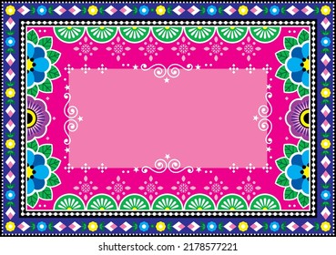 Pakistani and Indian truck art vector template design with empty space for text - perfect for poster, greeting card. Colorful floral ornament with flowers and swirl inspired by traditional lorry art