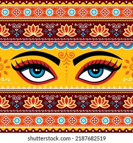 Pakistani or Indian truck art vector seamless pattern with girl's or woman's eyes, flowers, leaves and abstract shapes. Colorful happy repetitive design with flowers and female eyes and lotus inspired