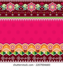 Pakistani or Indian truck art vector seamless pattern with flowers and geometric shapes, jingle truck ornamental design. Traditional detailed background inspired bylorry and rickshaw floral decor