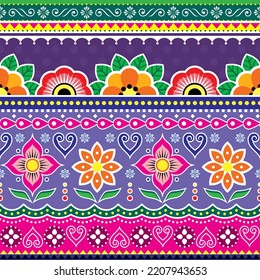 Pakistani or Indian truck art vector seamless pattern with flowers and leaves, jingle truck floral design in pink and purple. Vibrant happy repetitive background inspired by traditional lorry art