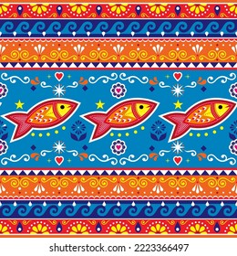 Pakistani or Indian truck art vector seamless pattern with fish and flowers , decorative wallpaper, textile or fabric print design. Orange and navy blue repetitive background i