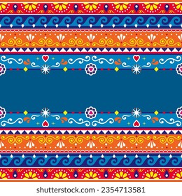 Pakistani or Indian truck art vector seamless pattern - temple with empty space for text, decorative truck floral design with flowers and abstract shapes. Orange and navy bluye repetitive background 