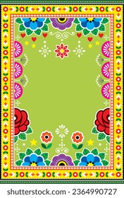 Pakistani and Indian truck art vector poster design with flowers and blank space for text - 27x40 format. Colorful floral template ornament inspired by traditional lorry and rickshaw painted decor