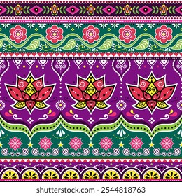 Pakistani or Indian truck art vector seamless pattern with lotus flowers, jingle truck vibrant floral Diwali design. Non AI generated