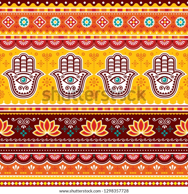 	\
Pakistani or Indian truck art vector seamless\
pattern with Hamsa hands, decorative truck floral design with\
flowers and abstract shapes. Yellow, red and brown repetitive\
background with evil eye\
