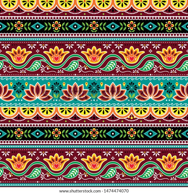 Pakistani or Indian truck art vector seamless pattern,\
Indian truck floral design with flowers, leaves and abstract shapes\
in brown, orange and green.\
 \
Colorful happy repetitive\
background inspired 