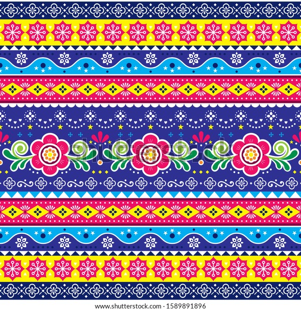 Pakistani or\
Indian truck art vector seamless pattern, repetitive design with\
flowers, leaves and abstract shapes. Colorful Diwali repetitive\
background inspired by traditional lorry\
art