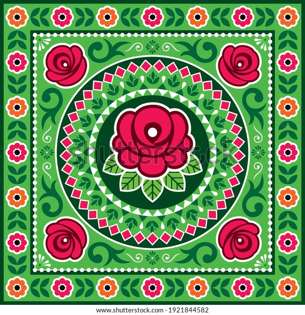 Pakistani and Indian truck art vector design\
with roses, floral motif mandala, Diwali vibrant pattern. Colorful\
floral ornament inspired by traditional lorry and rickshaw art from\
India and Pakistan