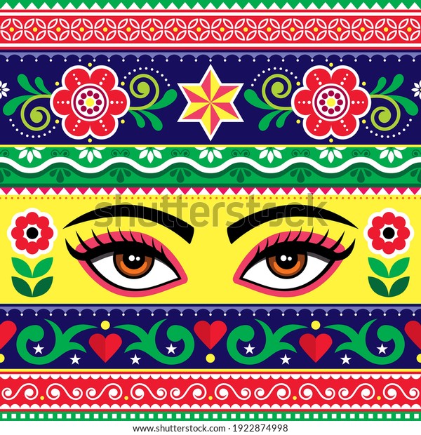 Pakistani or Indian truck art vector seamless pattern\
with female eyes and flowers - textile or fabric print design.\
Vibrant repetitive design with woman\'s face inspired by traditional\
lorry art