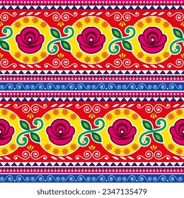 Pakistani and Indian vector pattern with roses - Diwali vibrant textile or fabric print. Retro floral background inspired by traditional lorry and rickshaw painted decorations, Popular art