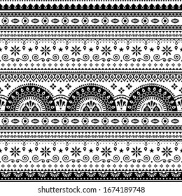 Pakistani or Indian vector seamless design inspired by truck art, vibrant pattern with geometric shapes and flowers. Monochorme floral repetitive textile or wallpaper background, popular lorry art