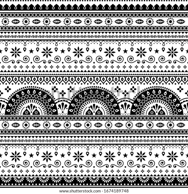 Pakistani or Indian vector seamless design inspired\
by truck art, vibrant pattern with geometric shapes and flowers.\
Monochorme floral repetitive textile or wallpaper background,\
popular lorry art