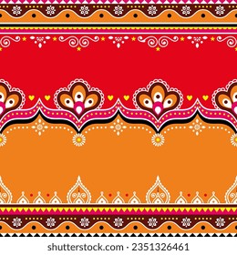 Pakistani and Indian vector seamless pattern with empty space for text - Diwali vibrant textile, fabric print or greeting card design. Decorative template background inspired by traditional lorry and 