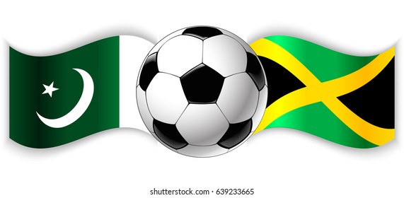 Pakistani and Jamaican wavy flags with football ball. Pakistan combined with Jamaica isolated on white. Football match or international sport competition concept.