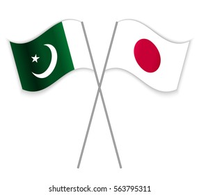 Pakistani and Japanese crossed flags. Pakistan combined with Japan isolated on white. Language learning, international business or travel concept.