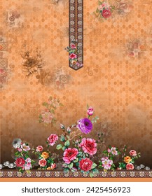 Pakistanisches Kurti digitales Design Blumenmuster 
Textil Drei Stücke Design, pakistanische Damen Kurti- Illustration 04