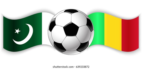 Pakistani and Malian wavy flags with football ball. Pakistan combined with Mali isolated on white. Football match or international sport competition concept.