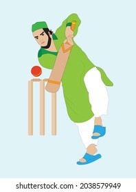 Pakistani man playing Cricket in Shalwar Kameez