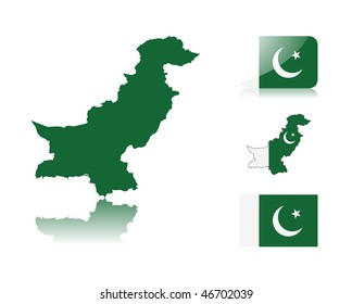 Pakistani map including: map with reflection, map in flag colors, glossy and normal flag of Pakistan.