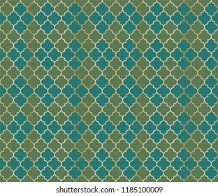 Pakistani Mosque Vector Seamless Pattern. Argyle rhombus muslim fabric background. Traditional ramadan pattern with gold grid. Cool islamic argyle seamless design of lantern lattice shape tiles.