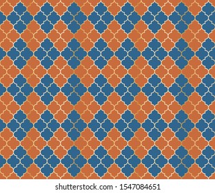 Pakistani Mosque Vector Seamless Pattern. Argyle rhombus muslim fabric background. Traditional ramadan pattern with gold grid. Trendy islamic argyle seamless design of lantern lattice shape tiles.