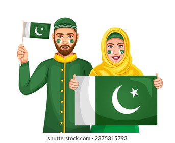 Pakistani Muslim couples in traditional dress showing Pakistan flag, celebrating Independence or Republic Day.