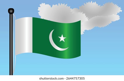 Pakistani national flag waving against a bright blue sky. representing national pride, unity, and heritage in Asia with its vibrant colors and iconic design. Patriotic symbol of identity or pride
