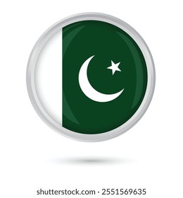 Pakistani official flag button round glossy  shiny badge 3D vector illustration isolated on white background for Independence Day 14th August 1947, Pakistan Day 23rd March Quaid-e-Azam day 25 December