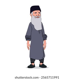 Pakistani old man with shalwar kameez or long white beard cartoon vector illustration