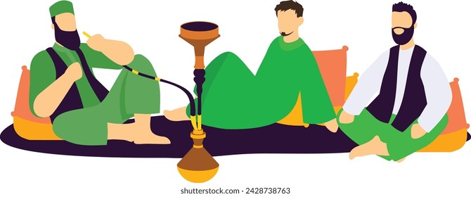 Pakistani People Sitting on Rug and Smoking huqqa concept, community life in villages vector design, yaum-e-pakistan Symbol, Islamic republic resolution day Sign 23 March national holiday illustration