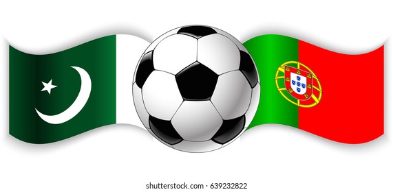 Pakistani and Portuguese wavy flags with football ball. Pakistan combined with Portugal isolated on white. Football match or international sport competition concept.